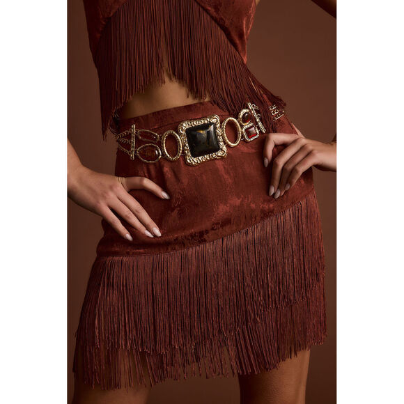 12th Tribe Tamsin Terracotta Jacquard Fringe Mini Skirt Size MM - Picture 2 of 3